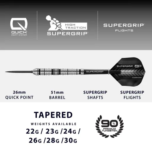 Harrows Šipky Steel Supergrip - Tapered - Quick Point - 28g